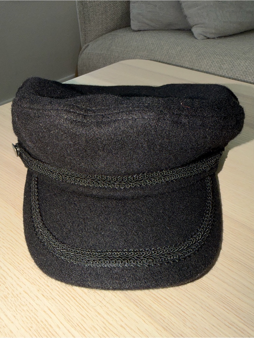 Black Wool Cap with Decorative Trim